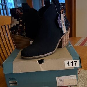 TOMS Black Suede Ankle Booties with Aztec Textile Heel